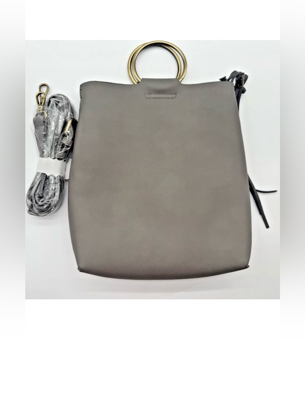 Anthropologie Gray Leather Ring Handle Crossbody Bag Boho Tassel
